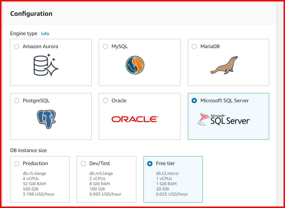 Picture showing selecting the engine type while creating a new database